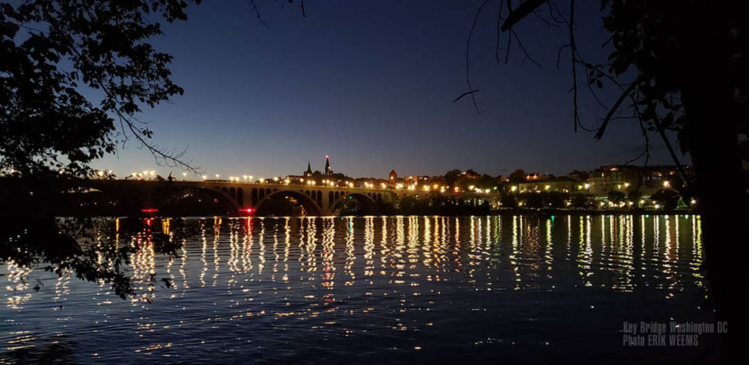 Glittering waters of the Key Bridge on the Potomac River in Washington DC